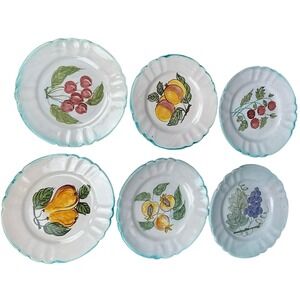 Set of 6 Vintage Italian Hand Painted Scalloped Fruit Dessert Plates Ceramic